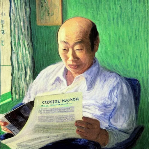 Prompt: old balding japanese man with white shirt, sitting on a chair and reading newspaper while looking at the ceiling of his room with contrastic green lighting by monet