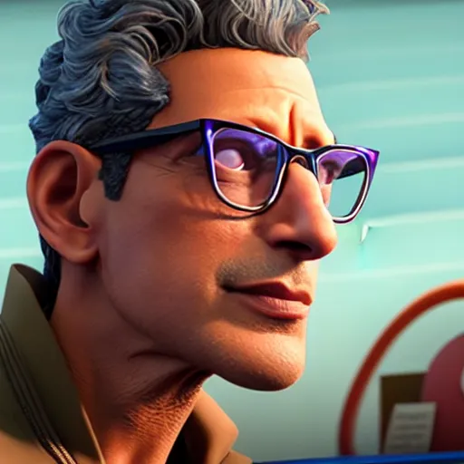 Image similar to beautiful up close photo of Jeff Goldblum staring toward camera while sitting in a scene in, Spider-Man: Into the Spider-Verse (2018) movie