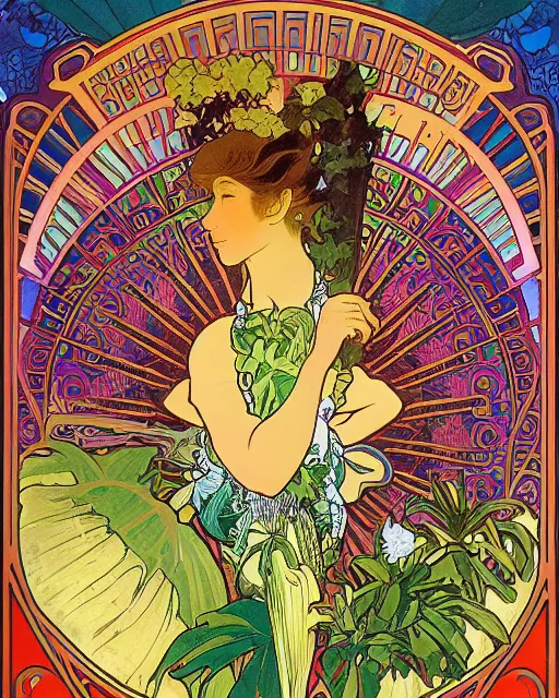 Image similar to a Poster of a bacalaito fritter with tropical iconography of a variety of tropical flora, cell shading, by Alphonse Mucha, Moebius, hiroshi yoshida, Art Nouveau, colorful, ultradetailed, vivid colour, 3d