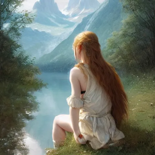 Image similar to Cute young Harpy girl, wearing medieval clothes, sad expression, sitting at a pond, mountainous area, trees in the background, oil painting, by Greg Rutkowski