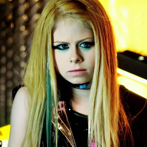 Image similar to avril lavigne a female singer, cyberpunk style, ninety vibes