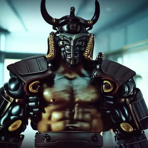 Image similar to big, fierce, muscular, very buff, very strong, cybernetic cyber sci-fi samurai wearing an oni mask. Movie still hd