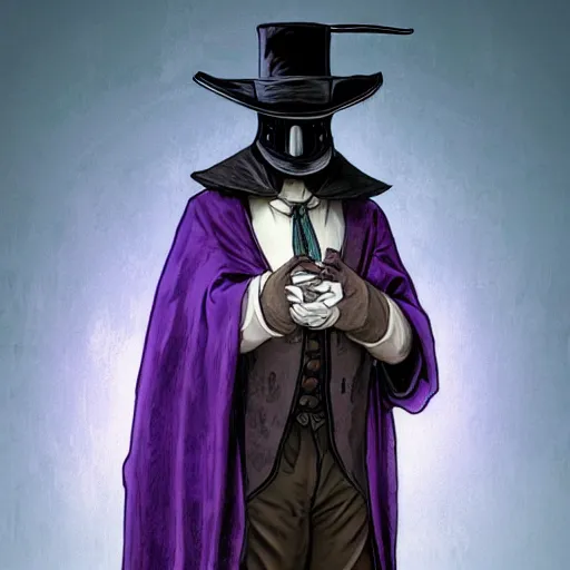 Image similar to mediaeval plague doctor wearing a top hat with a purple ribbon, intricate, epic, highly detailed, digital painting, artstation, concept art, smooth, sharp focus, illustration, unreal engine 5, 8 k, art by artgerm and greg rutkowski and alphonse mucha