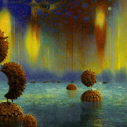 Image similar to creepy abyssal spring space grid hawk prune muffin estuary , by Brom and Salvador Dalí and Albert Bierstadt , bokeh , impressionism , storybook illustration