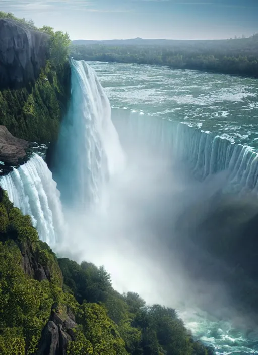 Image similar to cascade of multiple gigantic niagara falls, epic mountains in the background, early dawn, fantasy illustration, matte painting, concept art, volumetric lighting, volumetric atmosphere, morning mist, art by james gurney, unreal engine 5, 8 k