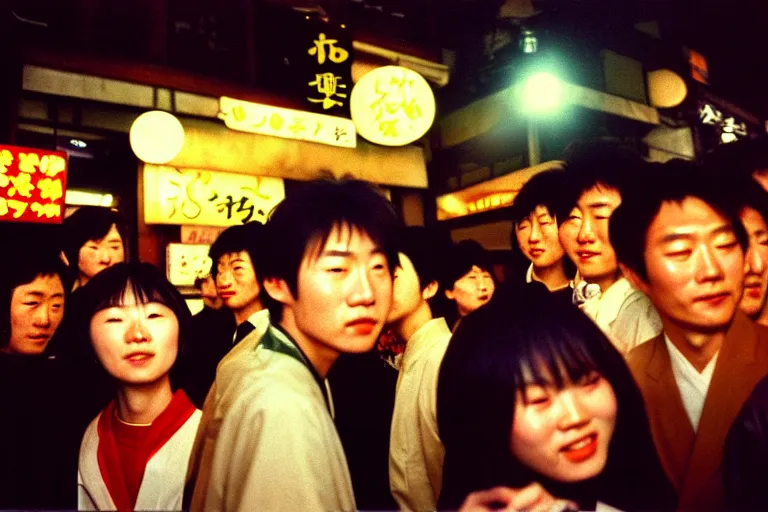 Prompt: masterful photography by haruto hoshi and yang seung woo and saul leiter, young people enjoying night life in kabuki cho japan in the 1 9 9 0 s, film grain, full color, shot on kodak gold with a canon 8 5 mm lens aperture f / 5. 6, hyperrealistic