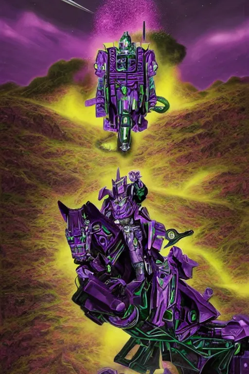 Prompt: portrait of cowboy johnny cash as purple green optimus prime from transformers riding on guitar zord ufo hoverboard, intricate, highly detailed, smooth, artstation, digital illustration by Lisa Frank and Ruan Jia and Mandy Jurgens and Artgerm and Wayne Barlowe and Greg Rutkowski and Zdislav Beksinski