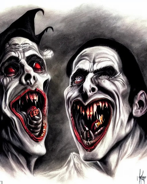 Prompt: dracula telling jokes, character portrait, close up, concept art, intricate details, highly detailed, photorealism, hyperrealism in the style of otto dix and h. r giger