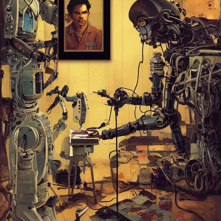 Image similar to robot artist painting a self - portrait on a canvas. intricate, highly detailed, digital matte painting, in the style of alexandros pyromallis, and in the style of sachin teng, and in the style of hans thoma, and in the style of robert mcginnis. irony, recursion, inspiration.