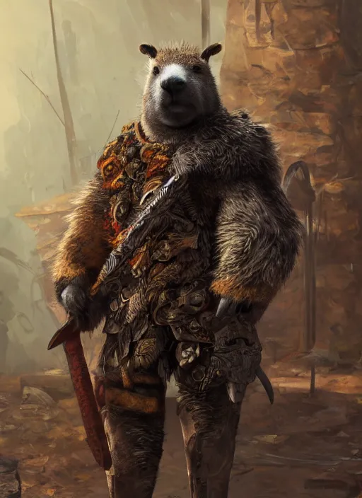 Image similar to detailed full body concept art illustration, oil painting on canvas of an anthropomorphic capybara barbarian in full intricate clothing, biomutant, dystopian, micro detail, octane render, 4K