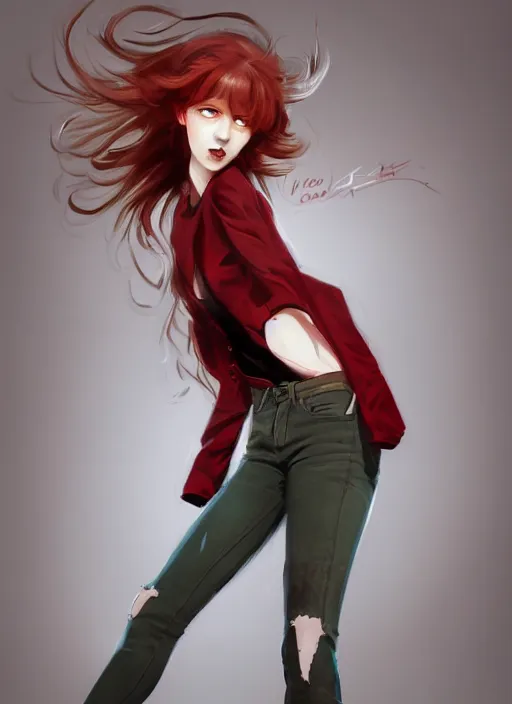 Prompt: full-body shot of an attractive tomboy girl with long, crimson red hair and red eyes, wearing a brown, open jacket and green jeans with a stern look, concept art, character design, by WLOP, by Ross Draws, by Tomine, by Satoshi Kon, by Rolf Armstrong