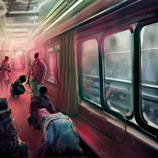 Image similar to fight between grandmas in the train moscow-ryazan, cyberpunk, neon, concept art