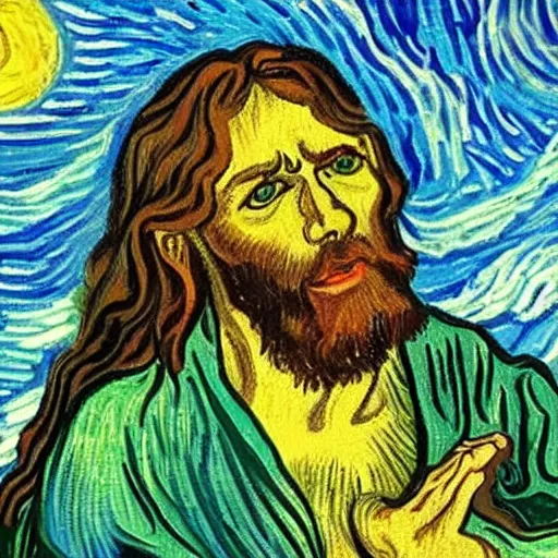 Image similar to jesus with devil spreads his hands against the background of growing cannabis. an oil painting in the style of van gogh