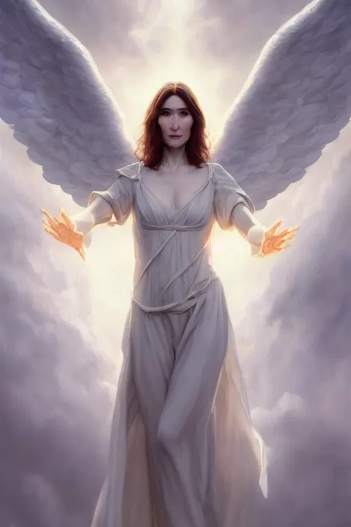 Image similar to carice van houten as a heavenly angel, anatomy, only two hands, highly detailed, digital painting, artstation, concept art, smooth, sharp focus, illustration, unreal engine 5, 8 k, art by art by artgerm and greg rutkowski and edgar maxence