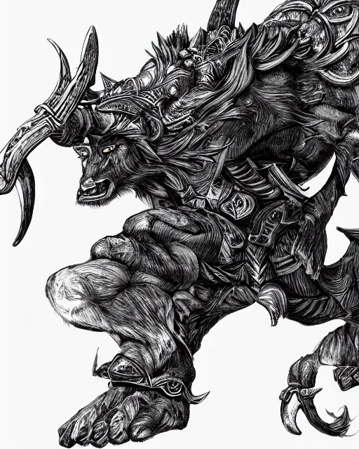 Prompt: A minotaur wolf, full body, black and white, highly detailed, close-up, fantasy art, monster art, in the style of masami kurumada, illustration, epic, fantasy, intricate, hyper detailed, artstation, concept art, smooth, sharp focus, ray tracing