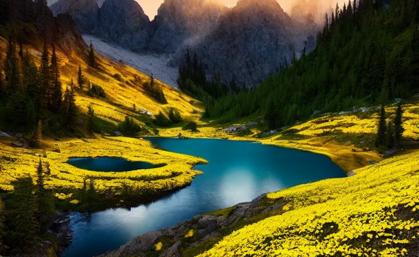 Prompt: photo of epic alpine lake landscape in spring, first light, small amount of yellow flowers, cinematic, cinematic, art by michael shainblum,