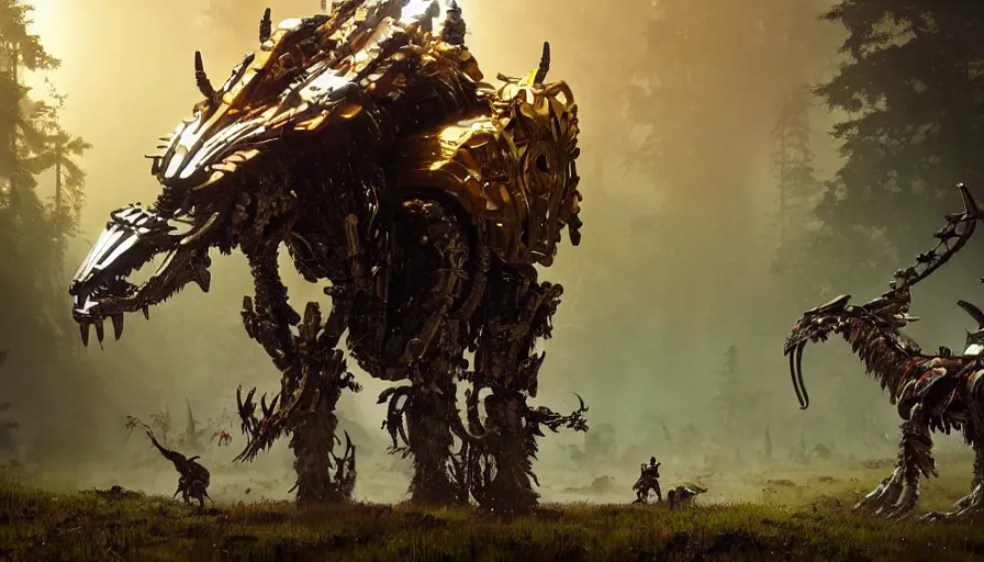 Image similar to walking animal mech covered in gold and silver armor with horizon zero dawn and elden ring aesthetic, covered in moss and birds, glowing lights, beautiful forests and trees, intricate detail, cinematic, dramatic lighting, art by darek zabrocki and John Park and Feng Zhu and Jason Chan, trending on artstation, masterpiece.