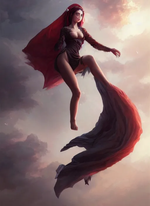 Image similar to desirable vampire girl floating in the air with silk cloth, fantasy, intricate, elegant, highly detailed, digital painting, artstation, concept art, matte, sharp focus, illustration, art by artgerm and greg rutkowski, dreadjim, zeen chin