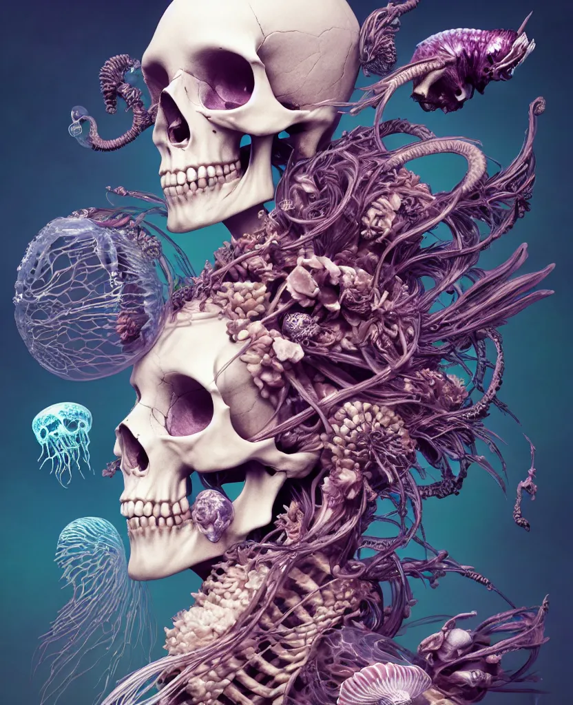 Image similar to goddess close-up portrait skull with mohawk, ram skull, skeleton, thorax, x-ray, backbone, jellyfish phoenix head, nautilus, orchid, skull, betta fish, bioluminiscent creatures, intricate artwork by Tooth Wu and wlop and beeple. octane render, trending on artstation, greg rutkowski very coherent symmetrical artwork. cinematic, hyper realism, high detail, octane render, 8k