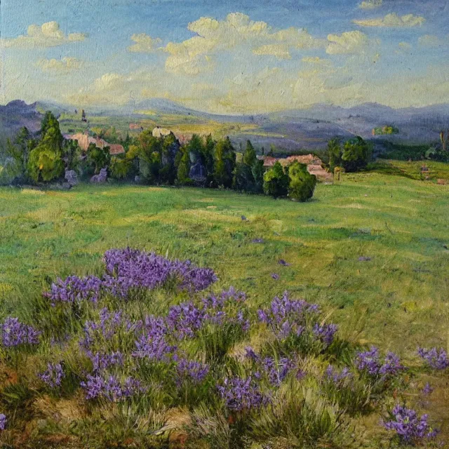 Image similar to lavander field in italian landscape, oil painting