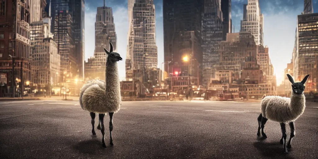 Image similar to a llama walking through a desolate manhattan city street at night, statue of liberty seen in the background, realistic 4 k octane beautifully detailed render, 4 k post - processing, highly detailed, detailed face, intricate complexity, epic composition, magical atmosphere, cinematic lighting, masterpiece, ultra hd