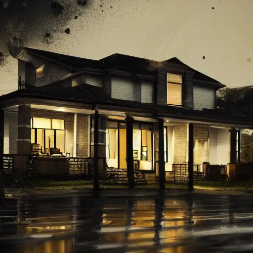 Prompt: Double story suburban house,it is raining, night time , peaceful atmosphere, moody lighting , digital art , highly detailed , high contrast, beautiful lighting, award winning , trending on art station, photorealistic, 8k