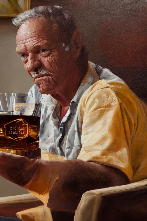 Image similar to still from tv show, retired barney, sitting in a lounge, sipping whiskey and smoking a cigar, oil on canvas, intricate, portrait, 8 k highly professionally detailed, hdr, cgsociety