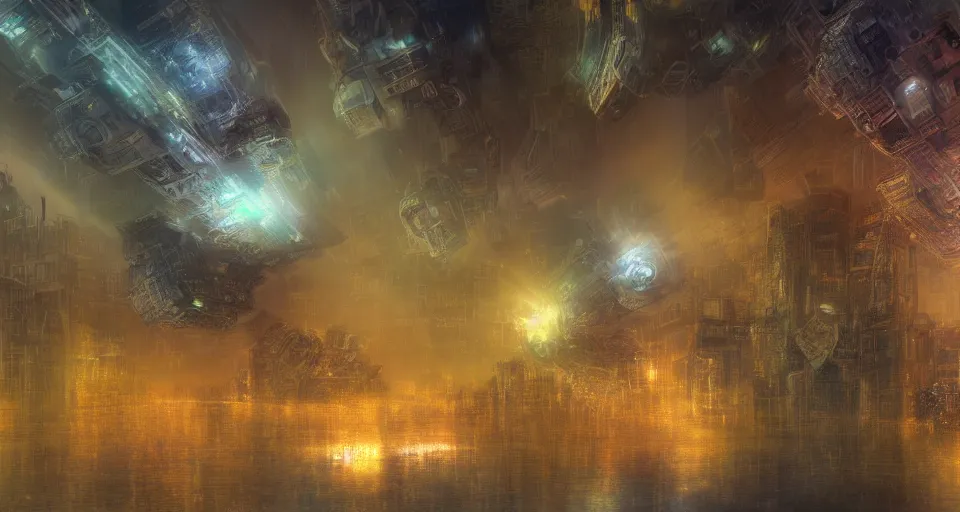 Image similar to Mech robot city. By Joseph Mallord William Turner, fractal flame, highly detailded