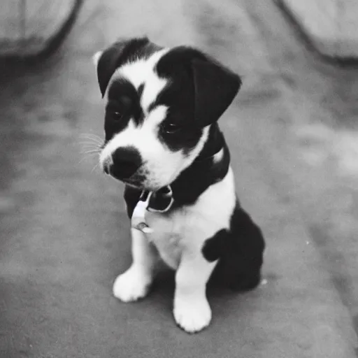 Image similar to photograph of a puppy in a trench ww2 grainy 35mm film