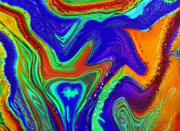 Prompt: Acrylic pour painting, 4k, 8k, highly detailed, trippy, visual canvas. Photography, wide-shot, far away