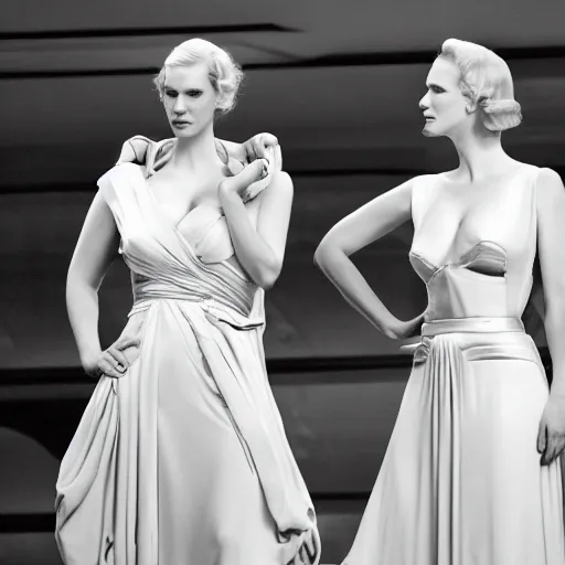 Prompt: Christina Hendricks and January Jones in Leni Riefenstahl's olympia, black and white, sharp image