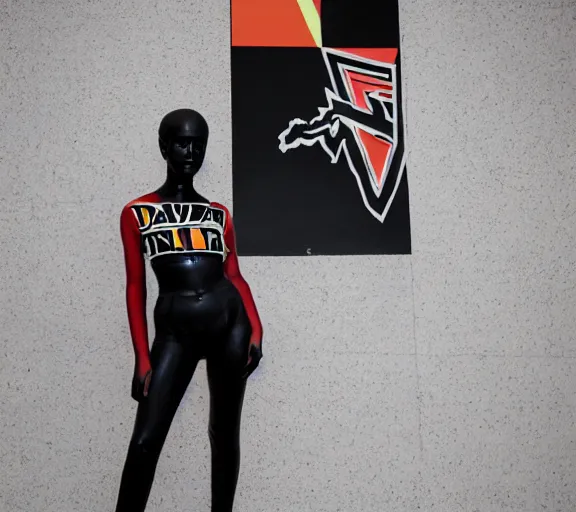 Image similar to dark black marble statue of a beautiful woman with colorful motocross logos in the style of virgil abloh, dark soft lighting, cinematic, very very beautiful, detailed, off white, heron preston, 8 k, 4 k, detailed, beautiful, symmetrical, vogue, editorial, fashion, magazine, museum lighting, night time, dark