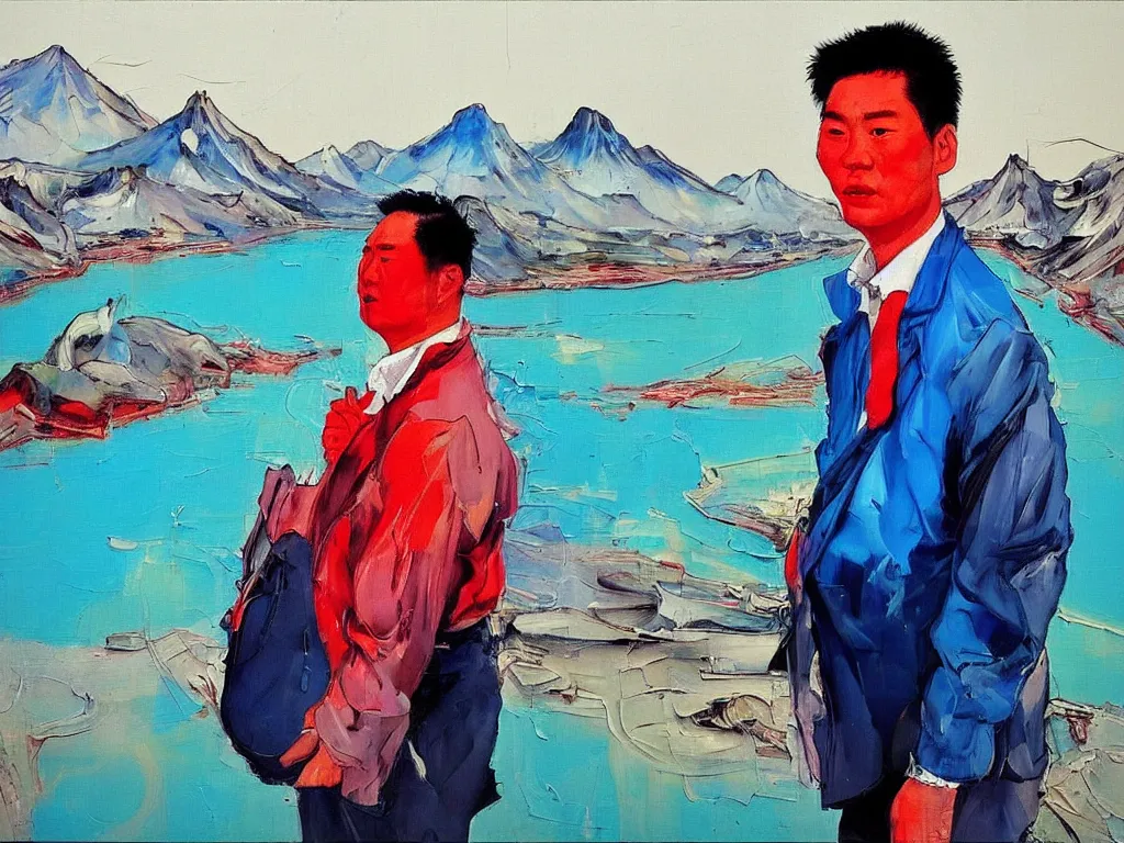 Prompt: ‘The Center of the World’ (Liu Xiaodong expressionist oil painting, large thick messy colorful brushstrokes, office worker with a red face next to a blue river and mountains) was filmed in Beijing in April 2013 depicting a white collar office worker. A man in his early thirties – the first single-child-generation in China. Representing a new image of an idealized urban successful booming China.