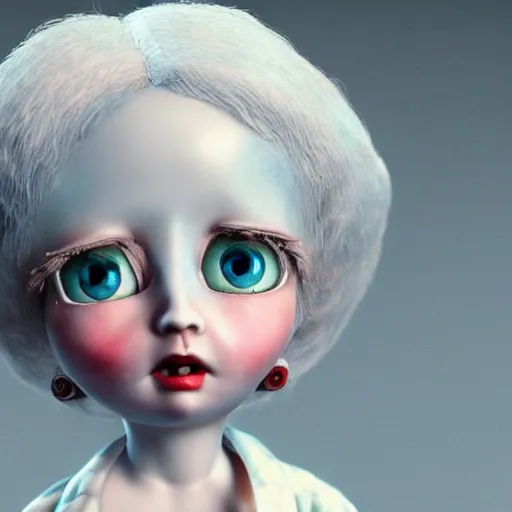 Prompt: a 3d rendered animated movie poster about eerily beautiful old cracked porcelain fashion dolls with white hair and light blue eyes, rendered in renderman, dramatic lighting, fine details, horror, by pixar