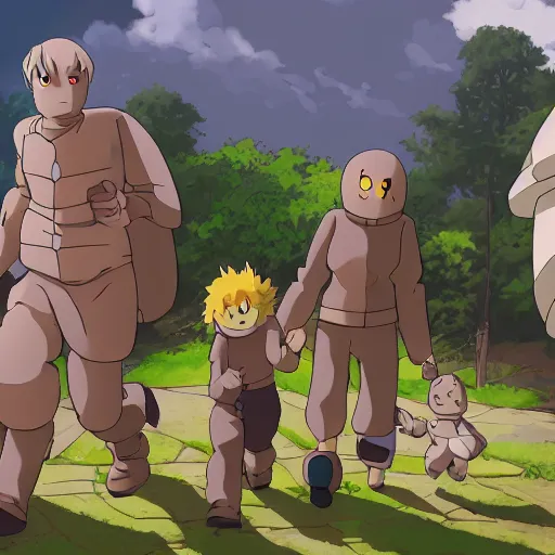 Prompt: A family of stone golems going for a walk, anime, 4k,