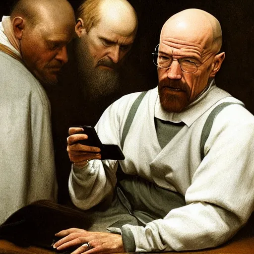 Prompt: walter white looking at a phone, renaissance painting