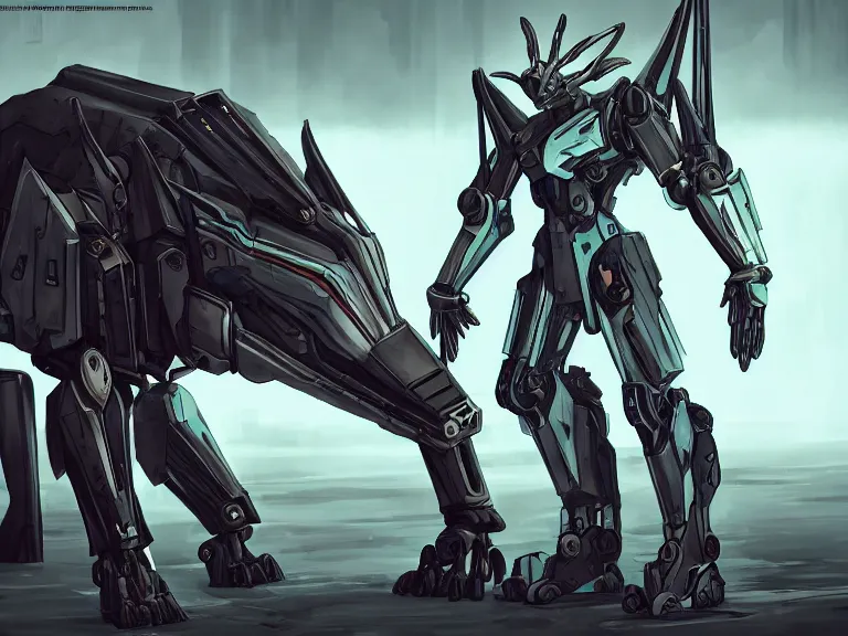 Image similar to cinematic shot, vorestation borg hound, medical mecha hound, taller than man, sharp armor, mecha maw, feral body, sharp metal, visor eyes, detailed, furry art, digital art, warframe hound, furaffinity, deviantart, sofurry