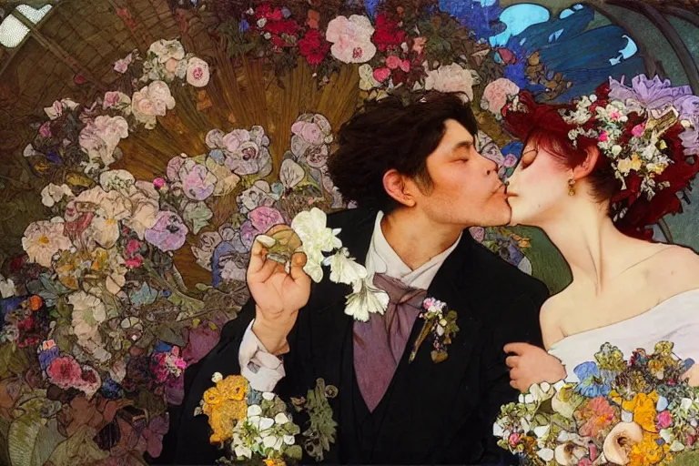 Image similar to the groom kisses the bride at a wedding full of flowers, bright and happy, dreamlike art, highly detail, 4 k realistic, wedding photoy krenz cushart. artem demura. alphonse mucha. yoji shinkawa artgerm. jon lothian. danilo torres. adi meyers. thomas reimann. gaston bussiere.