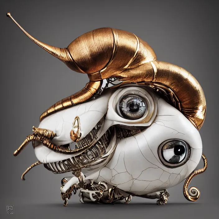 Prompt: anthropomorphic snail with huge cute manga eyes, photorealism, white detail plastic biomechanical with gold, copper, bronze, chrome by h. r. giger, tim burton, lee jeffries, erik johansson, supersampled, 8 k, beautify