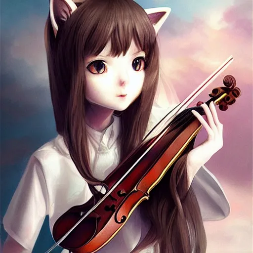 Image similar to Adorable Cat girl, Luminescent eyes, playing the violin, highly detailed, by Range Murata, artgerm, digital illustration, beautiful, concept art