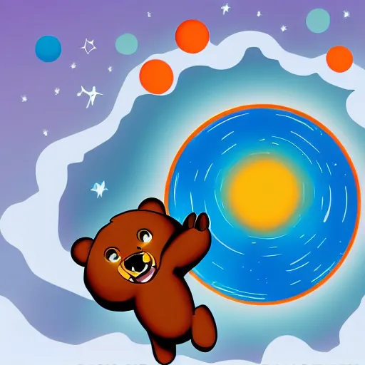 Image similar to cartoon illustration of a bear mascot being launched from a futuristic marble planet, purple and orange cloudland