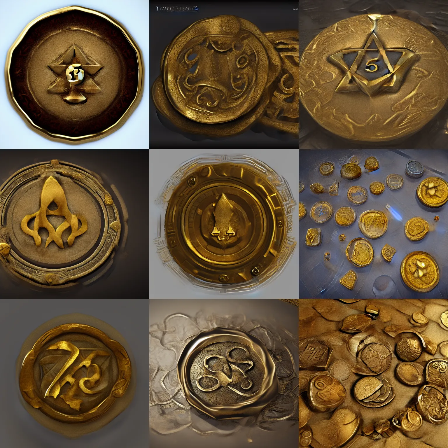 Prompt: coins from a fantasy world, made of gold and silver, magic symbols are engraved on them, unreal engine 5 4k render, artstation