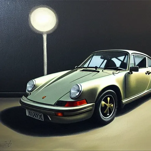 Image similar to A beautiful oil painting of a Porsche 911 Carrera 3.2, volumetric lighting, photorealistic, highly detailed.