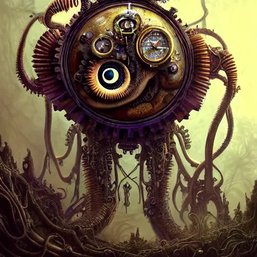 Image similar to biomechanical steampunk creature with robotic parts and big octopus head and (glowing) eyes guarding an ancient lush cave in a mystic forest, gothic and baroque, brutalist architecture, ultradetailed, creepy ambiance, fog, artgerm, giger, Intricate by Ellen Jewett and Josan Gonzalez and Giuseppe Arcimboldo