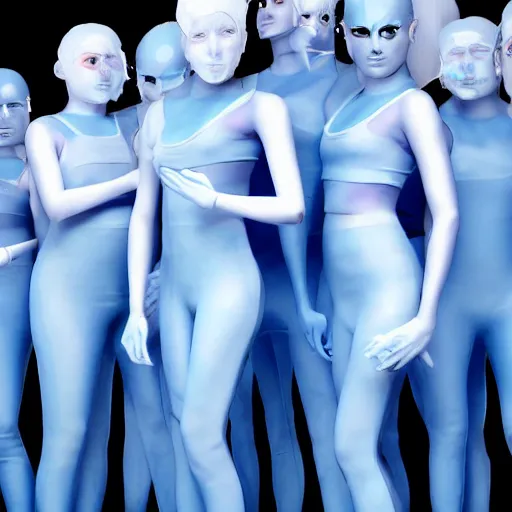 Image similar to troop of cloned freakshow women with white bob hairdos, tight light blue neopren suits, futuristic production facility, sci - fi, highly detailed, cinematic