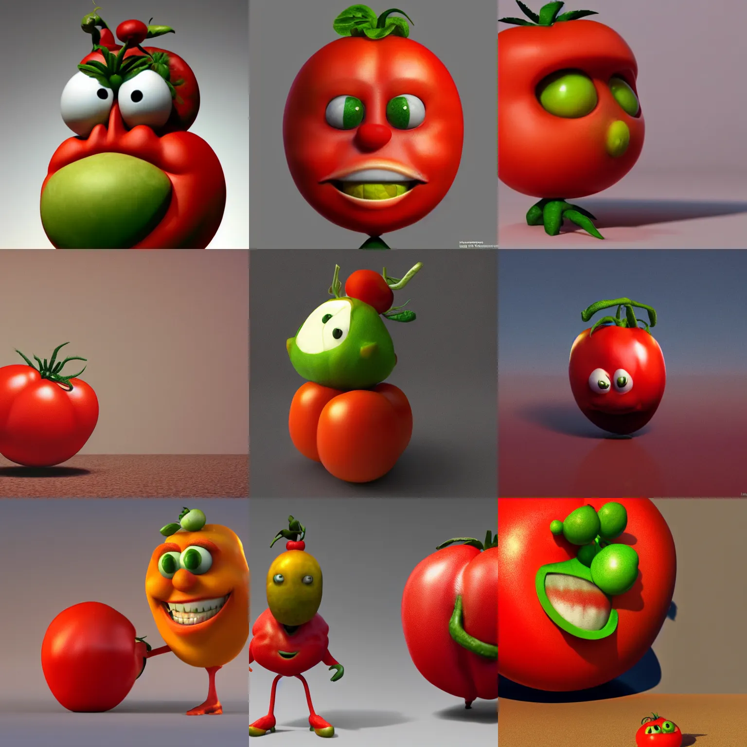 Prompt: highly detailed 3 d render of a tomato character with pantalone mask, hyper realistic octane render, cinematic lighting, deviantart, lowbrow, surrealism, pixar still