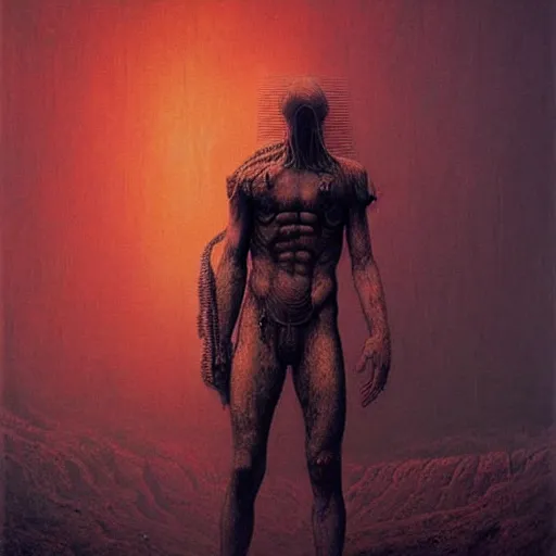 Image similar to huge gladiator by beksinski and tristan eaton, dark neon trimmed beautiful dystopian digital art