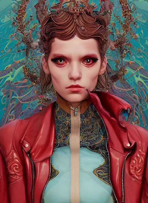 Image similar to skintight leather jacket : : by martine johanna and simon stalenhag and chie yoshii and casey weldon and wlop : : ornate, dynamic, particulate, rich colors, intricate, elegant, highly detailed, centered, artstation, smooth, sharp focus, octane render, 3 d