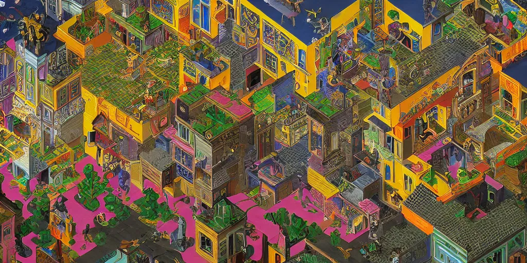 Prompt: virtual art museum in a 9 0's video game in the style of mc escher and heironymus bosch, colorful intricate masterpiece, hyper detailed, hd, sharp focus