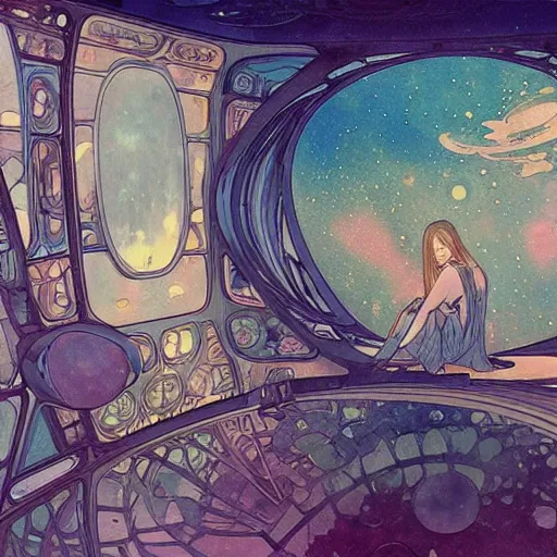 Image similar to a beautiful intricate watercolor illustration of an interior of space ship, 4 k, ultra - wide angle, by william turner, by victo ngai, by alphonse mucha, by miho hirano, by moebius, hd, trending on artstation, hyper detailed, muted colors